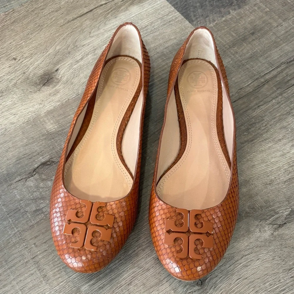 Tory Burch Lowell 2 Snakeskin-Embossed Leather Flats Brown - Size 9M, GUC - Picture 1 of 10